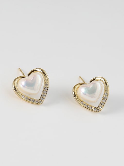 14k Gold Brass Imitation Pearl Heart Minimalist Stud Trend Korean Fashion Earring