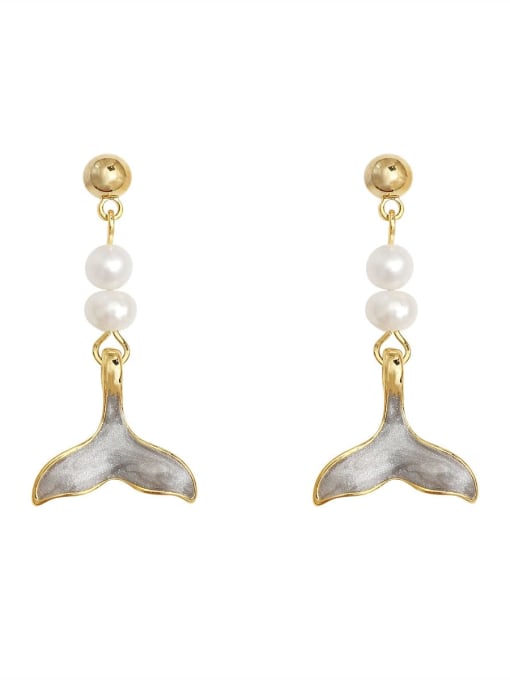 HYACINTH Brass Imitation Pearl Enamel Fish Tail Minimalist Drop Earring 0