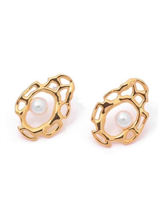 Single Shell Bead Earrings Brass Imitation Pearl Geometric Vintage Stud Earring