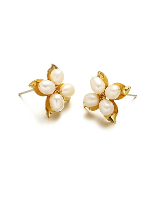 ACCA Brass Imitation Pearl Flower Minimalist Stud Earring