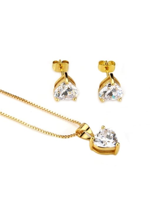 gold white zirconium Brass Heart Cubic Zirconia Earring and Necklace Set