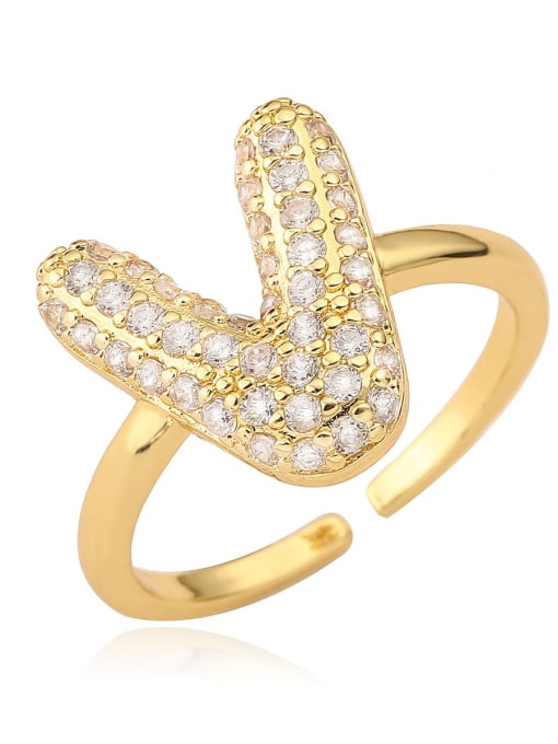 V Brass Cubic Zirconia Letter Minimalist Band Ring