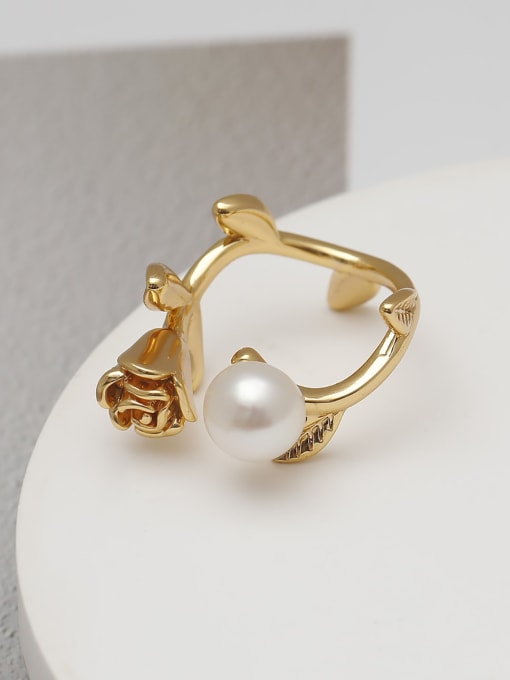 18K Gold Brass Imitation Pearl Flower Minimalist Band Ring