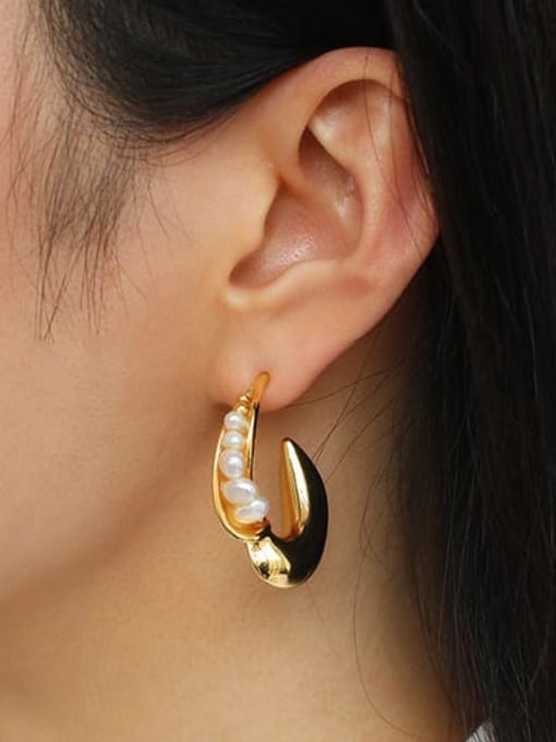ACCA Brass Imitation Pearl Geometric Vintage C shape Stud Earring 1