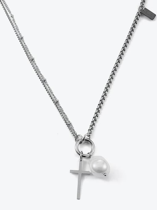 Titanium steel necklace Titanium Steel Freshwater Pearl Cross Vintage Hollow Chain Necklace