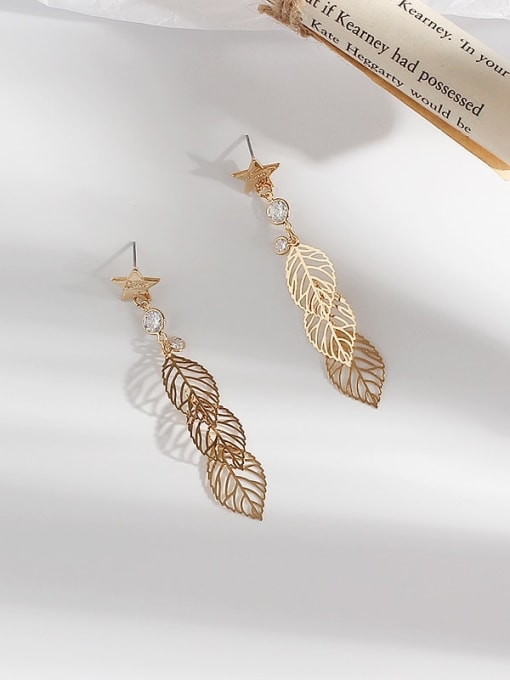 gold Copper Long Hollow Leaf Vintage Drop Trend Korean Fashion Earring
