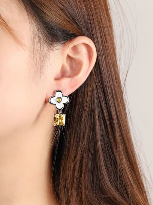 OUOU Brass Cubic Zirconia Enamel Geometric Luxury Drop Earring 2