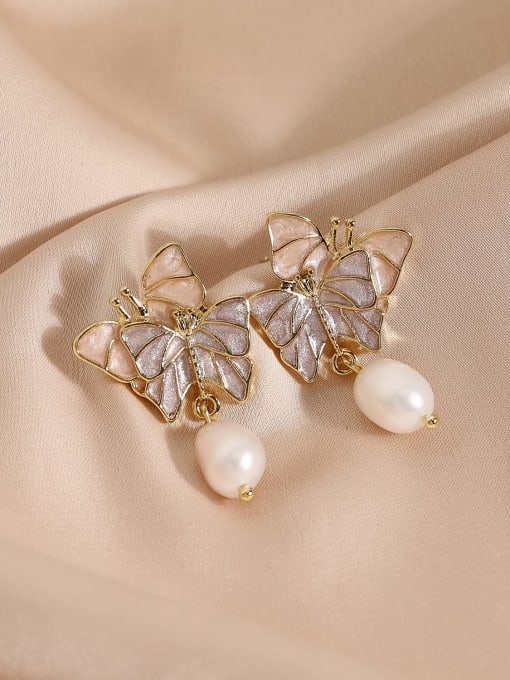 HYACINTH Brass Freshwater Pearl Enamel Butterfly Vintage Clip Earring 2