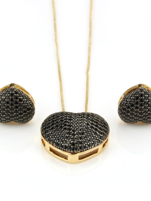 Gold Plated Black Brass Cubic Zirconia Dainty Heart Earring and Necklace Set