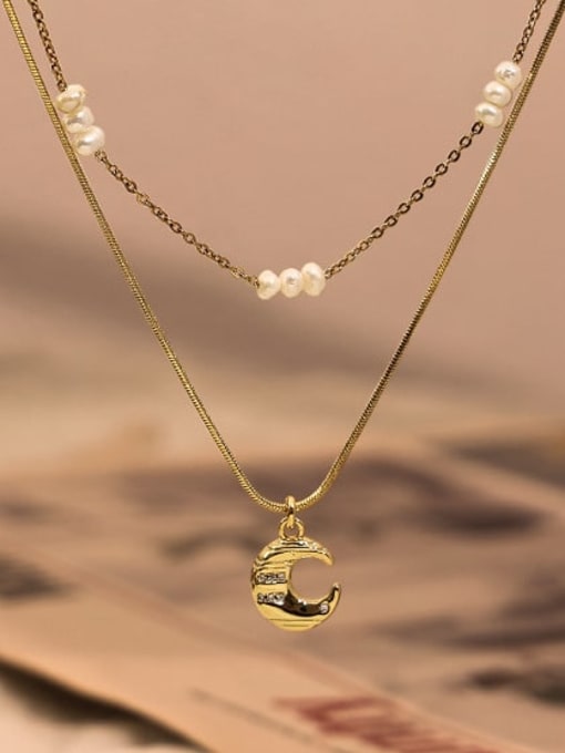 ACCA Brass Imitation Pearl Moon Hip Hop Necklace 2