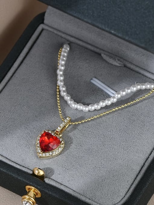Gold XL62437 Brass Cubic Zirconia Red Heart Vintage Necklace