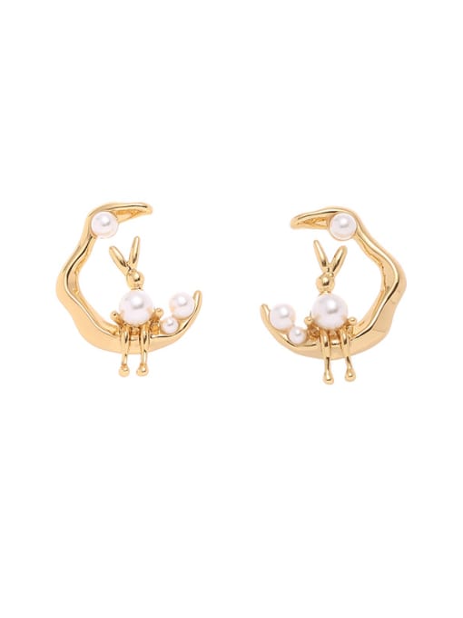 golden Brass Imitation Pearl Moon Minimalist Stud Earring