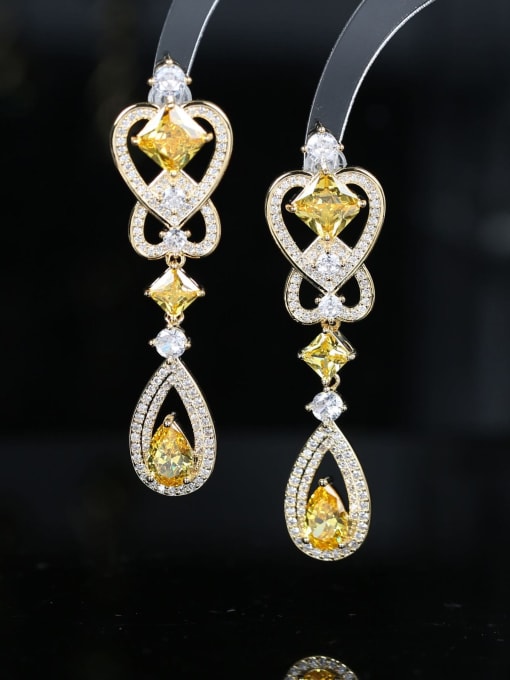 yellow Brass Cubic Zirconia Water Drop Heart Luxury Cluster Earring