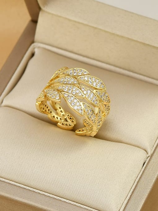 Gold JZ10414 Brass Cubic Zirconia Leaf Dainty Band Ring