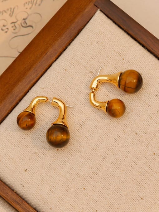 18K gold Brass Tiger Eye Geometric Vintage Stud Earring