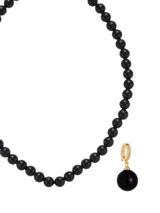 Black agate 6MM gold buckle pendant Brass Imitation Pearl Geometric Vintage Beaded Necklace