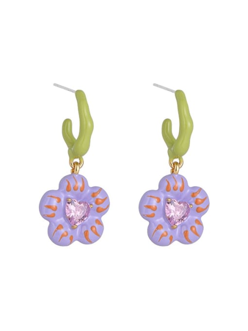 Purple Flower Style Brass Enamel Flower Minimalist Drop Earring