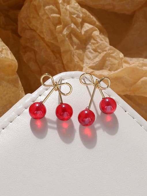 14k gold Brass Bead Bowknot Cute Cherry Stud Earring