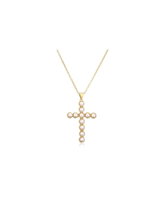 AOG Brass Imitation Pearl Cross Trend Necklace 0