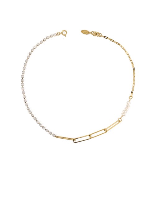 Gold pearl Zircon Necklace Brass Imitation Pearl Geometric Chain Minimalist Necklace