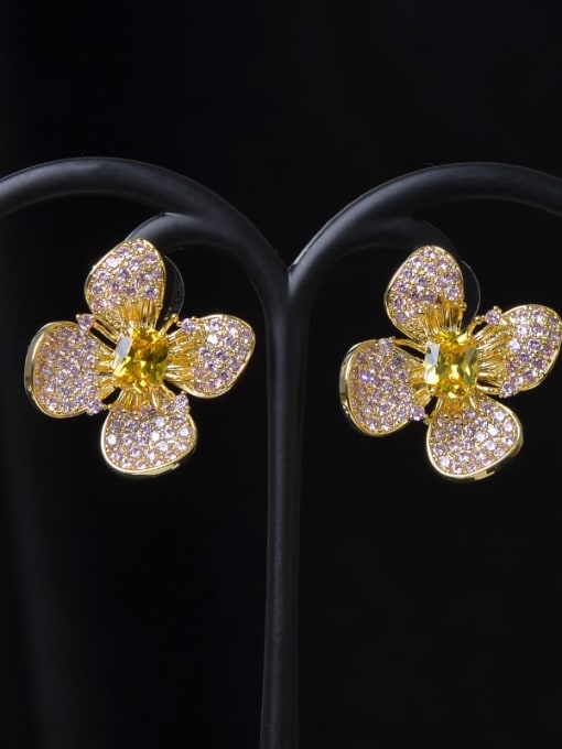Gold Pink E1036 Brass Cubic Zirconia Flower Dainty Stud Earring