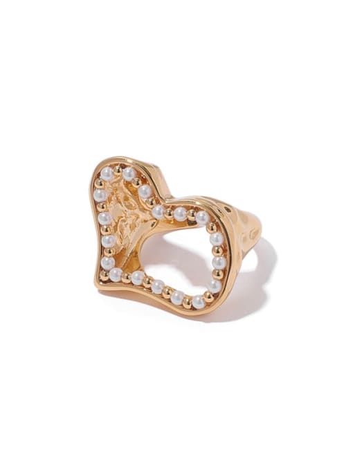 golden Brass Imitation Pearl Heart Minimalist Band Ring