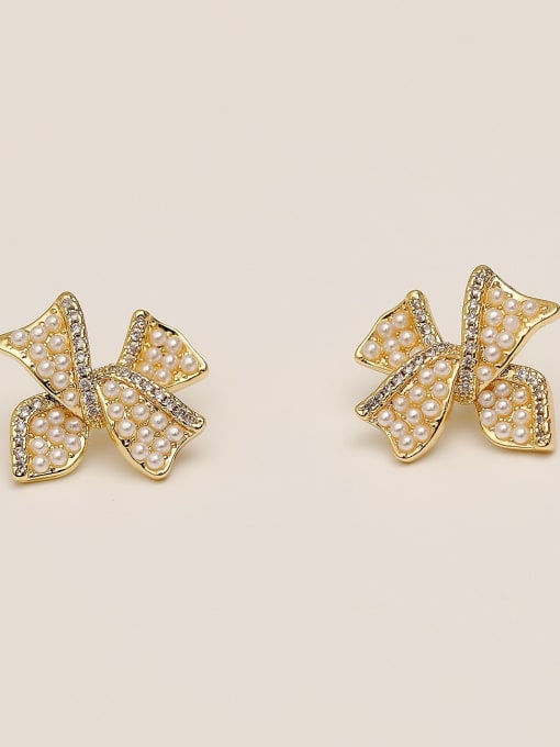 14k Gold Brass Rhinestone Bowknot Vintage Stud Trend Korean Fashion Earring