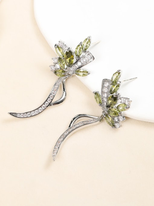 green Brass Cubic Zirconia Flower Dainty Stud Earring