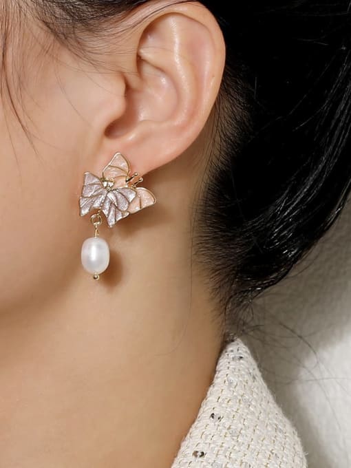HYACINTH Brass Freshwater Pearl Enamel Butterfly Vintage Clip Earring 1