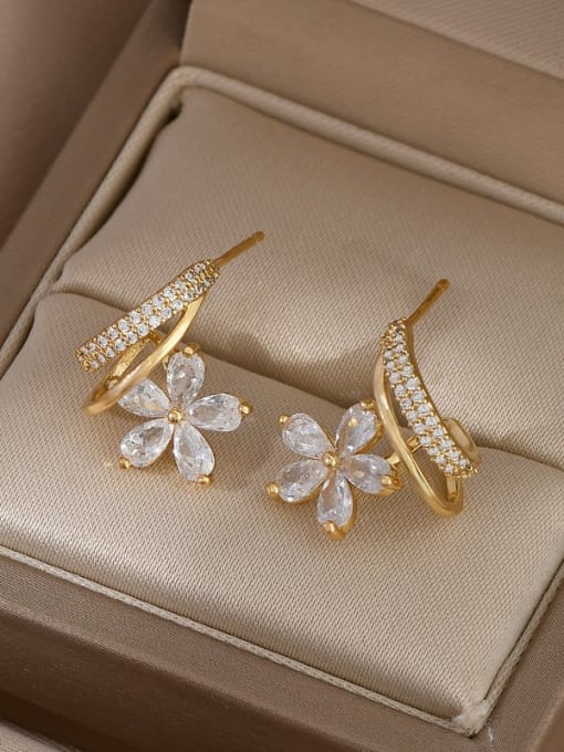 Gold ED00,255 Brass Cubic Zirconia Flower Dainty Stud Earring