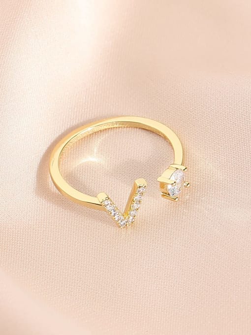 14k Gold V Brass Cubic Zirconia Letter Minimalist Band Ring