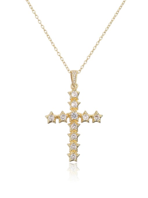 21671 Brass Cubic Zirconia Cross Vintage Regligious Necklace