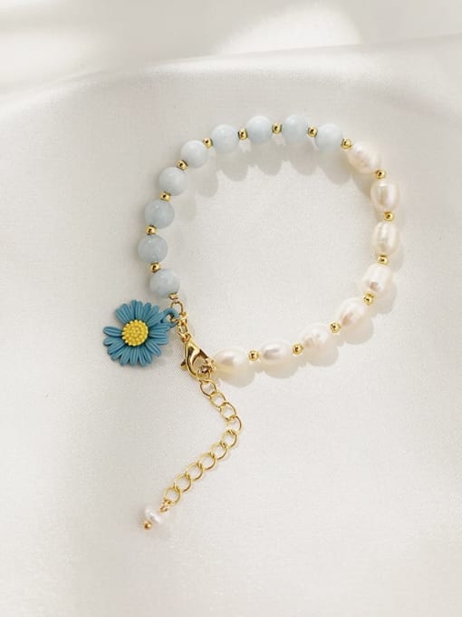 Aquamarine. (DAISY) natural pearl Alloy Imitation Pearl Flower Cute Adjustable Bracelet