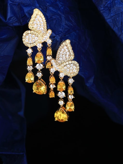 yellow Brass Cubic Zirconia Butterfly Statement Cluster Earring