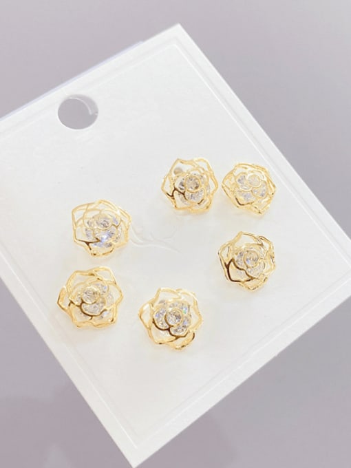 Gold E487 Brass Cubic Zirconia Flower Minimalist Stud Earring Set