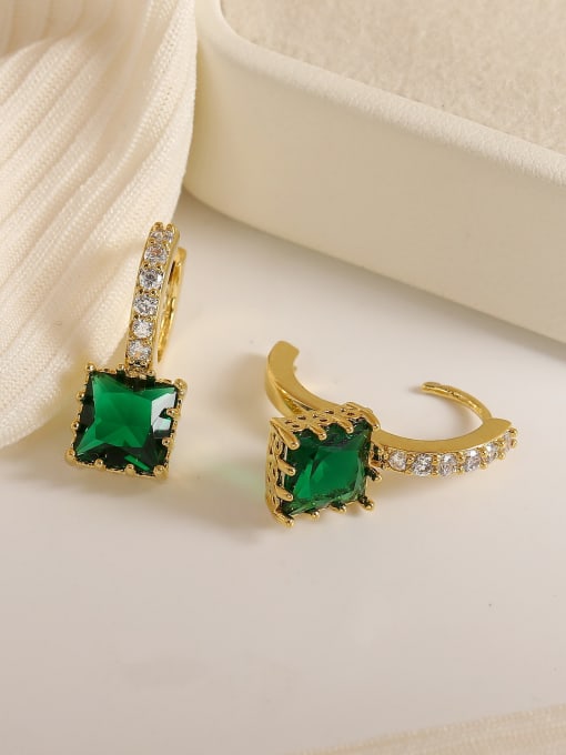 HYACINTH Brass Cubic Zirconia Green Geometric Vintage Stud Earring 2