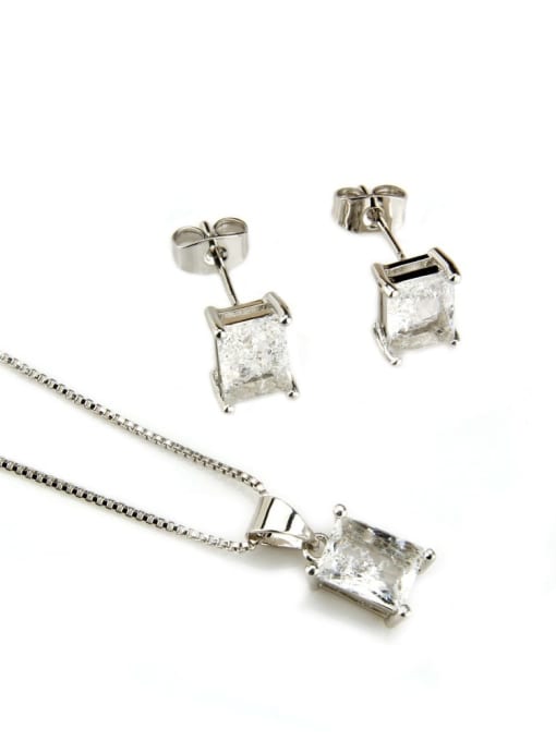 Platinum plated white zircon Brass Rectangle Cubic Zirconia Earring and Necklace Set