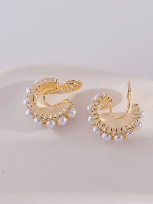 14k Gold Brass Imitation Pearl Geometric Vintage Clip Earring