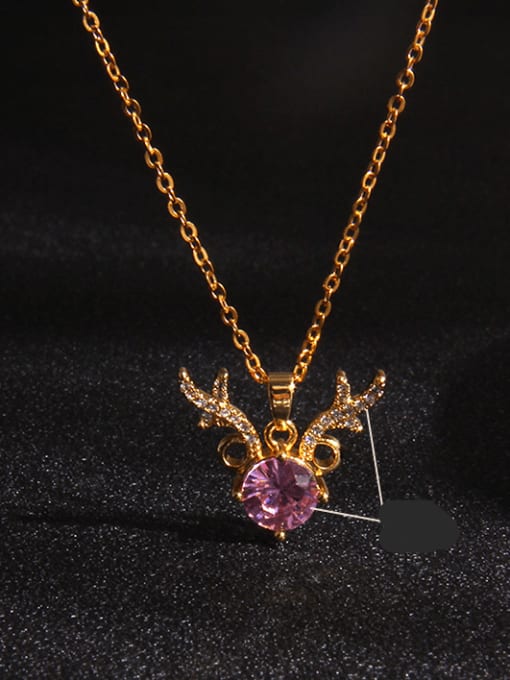 Pink+a108 Copper Cubic Zirconia Deer  Head Cute Necklace