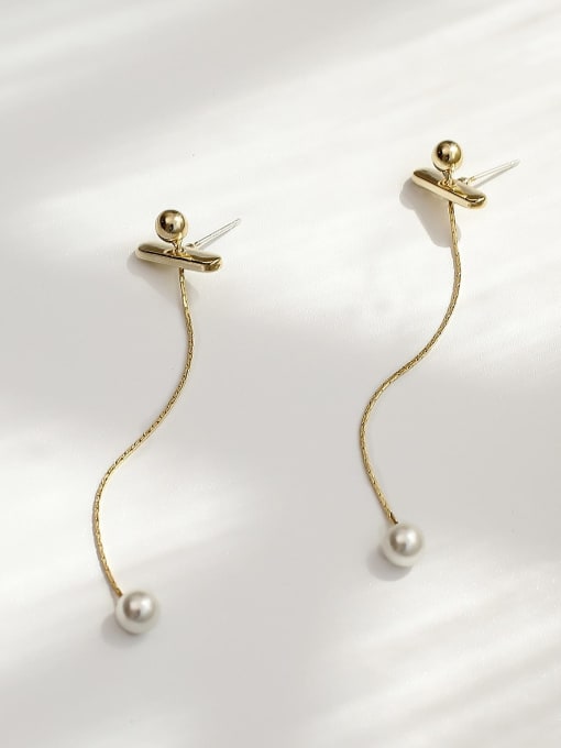 14k Gold Brass Imitation Pearl Tassel Minimalist Drop Trend Korean Fashion Earring