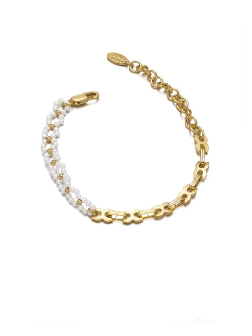 golden Brass Imitation Pearl Geometric Minimalist Asymmetrical Chain Strand Bracelet