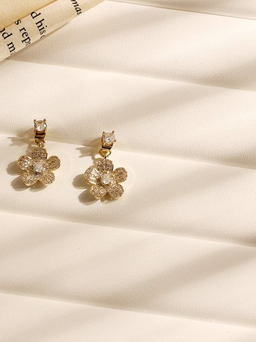 14K  gold Copper Cubic Zirconia Flower Minimalist Stud Trend Korean Fashion Earring