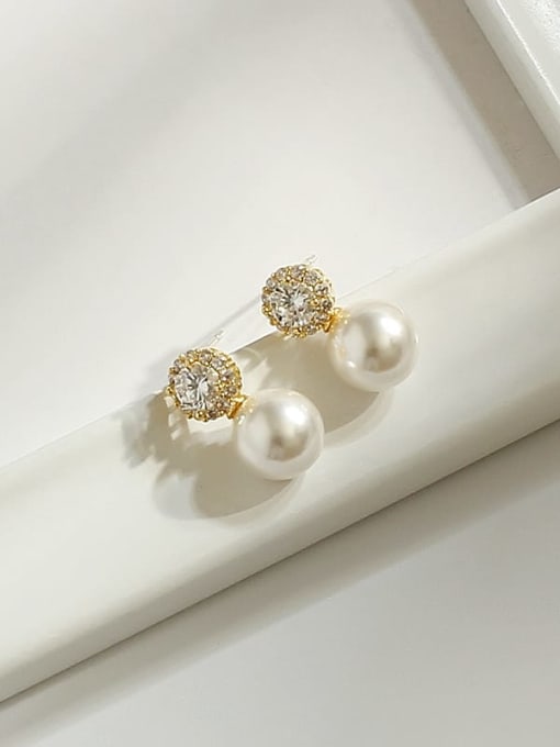 14K GOLD Copper Imitation Pearl Round Minimalist Stud Trend Korean Fashion Earring