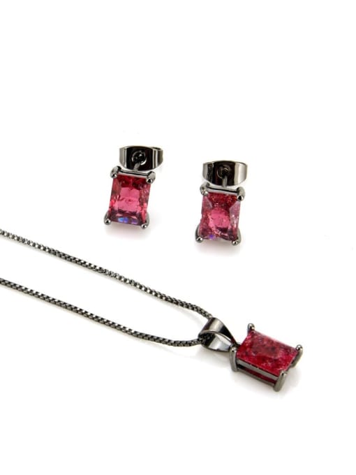 Black Plated Red zircon Brass Rectangle Cubic Zirconia Earring and Necklace Set