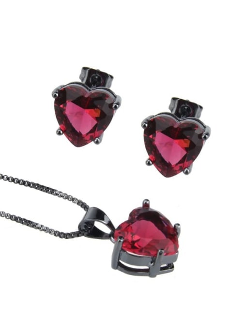 Black red plating Brass  Cubic Zirconia Heart  Earring and Necklace Set