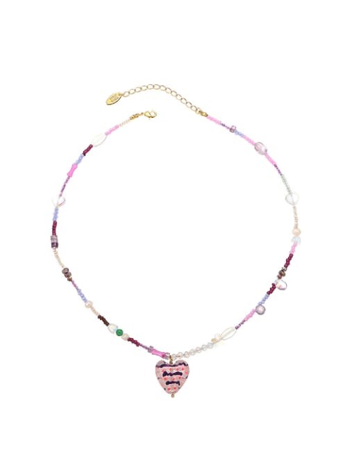 Five Color Brass Natural Stone Heart Bohemia Glass Beads Necklace