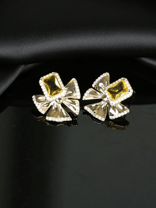 yellow Brass Cubic Zirconia Bowknot Luxury Cluster Earring