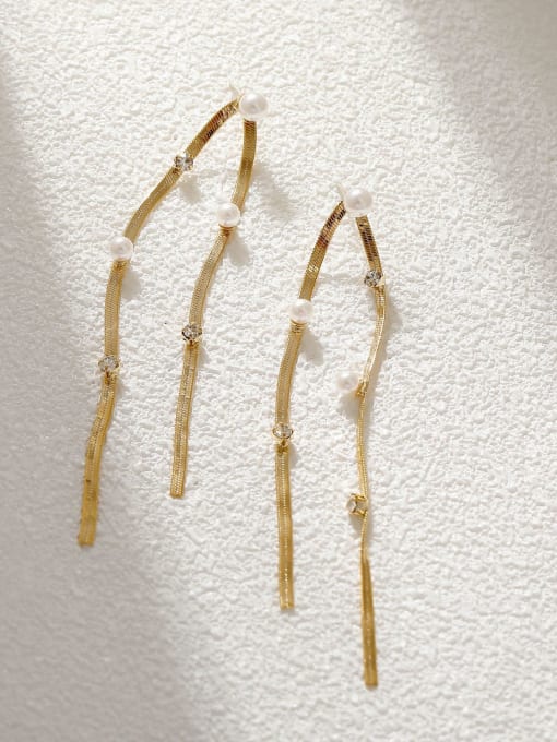 14k gold Brass Imitation Pearl Tassel Vintage Threader Earring