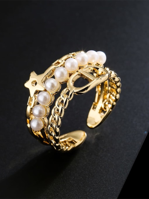 AOG Brass Imitation Pearl Geometric Vintage Stackable Ring 2