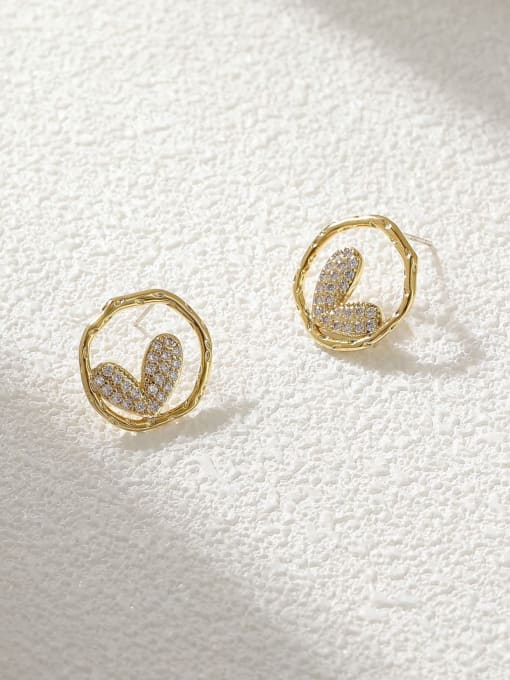 14k Gold Brass Cubic Zirconia Heart Minimalist Stud Earring